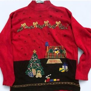 Cozy Red Turtleneck Sweater with Festive Design